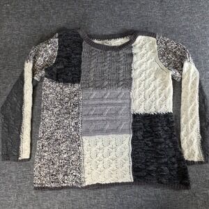 Bob Timberlake XXL Patchwork Cable Knit Sweater Gray Cream Chunky Crewneck